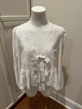 mine White Embroidered Tie-Front Peplum Blouse